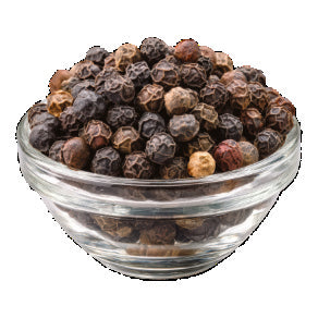 Whole black peppercorns in a glass bowl