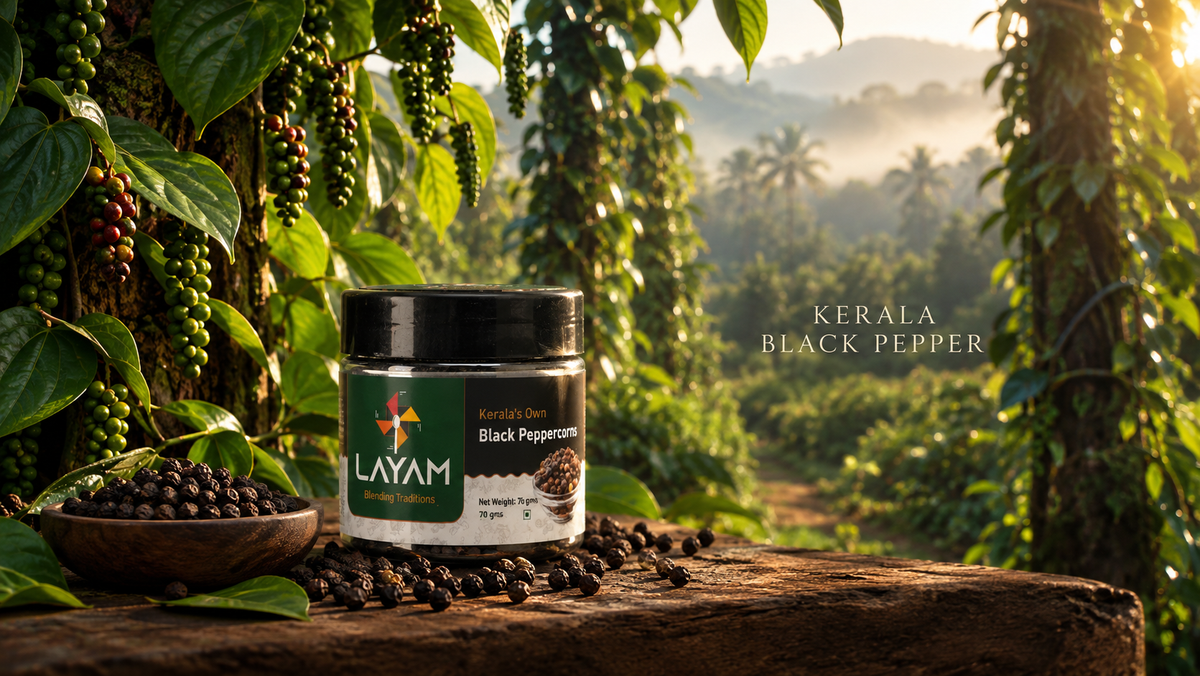 LAYAM black peppercorns jar beside pepper vines in fruit, overlooking the Kerala hills at sunrise