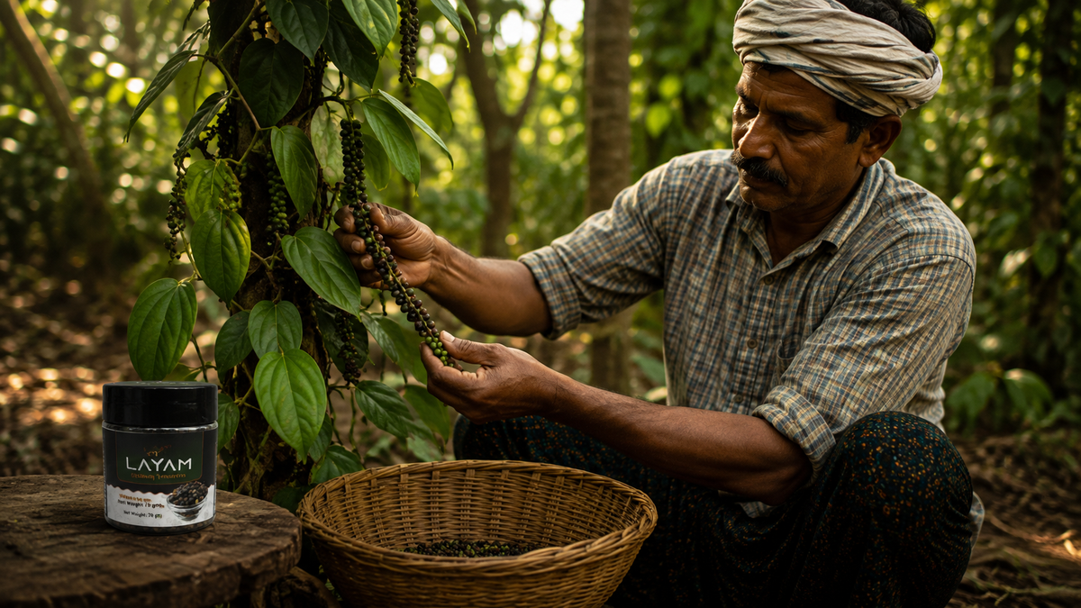 A farmer harvesting pepper spikes from the vine in Kerala, with the LAYAM jar alongside