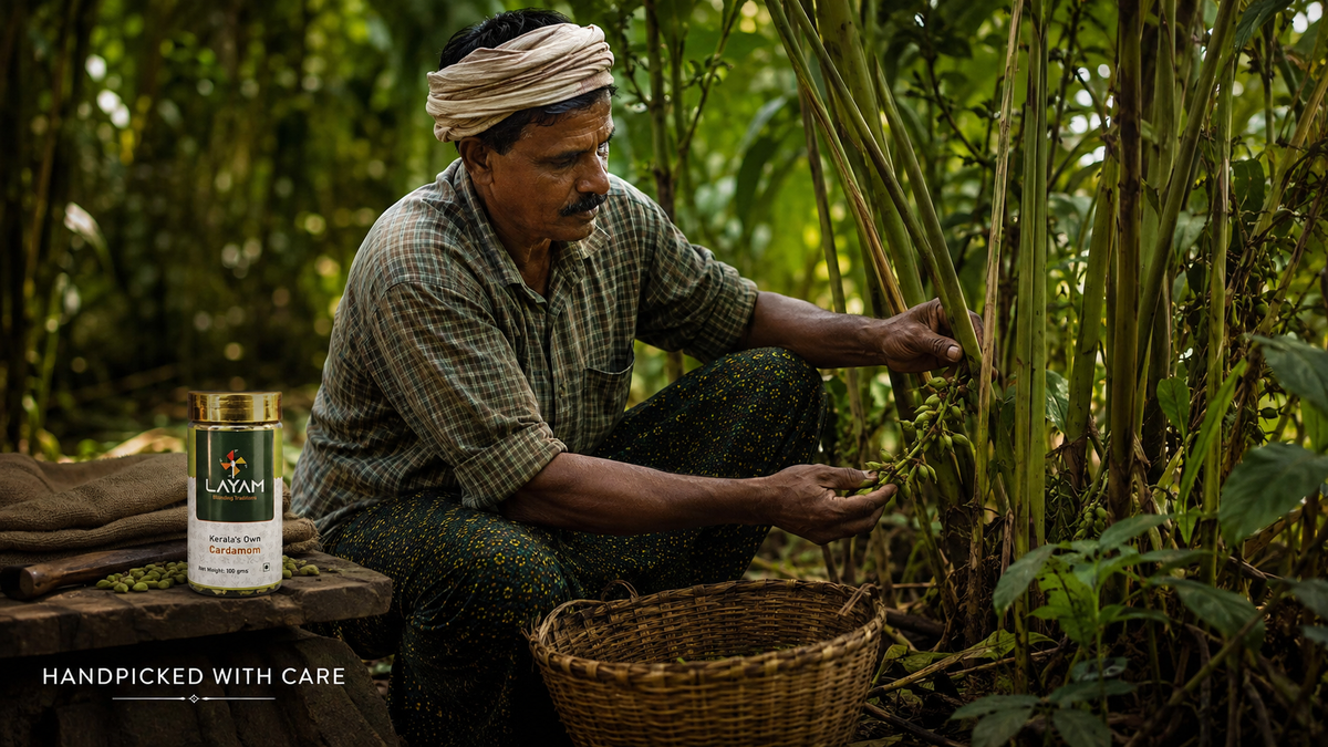 A farmer handpicking cardamom pods from the plant in Kerala, with the LAYAM jar alongside