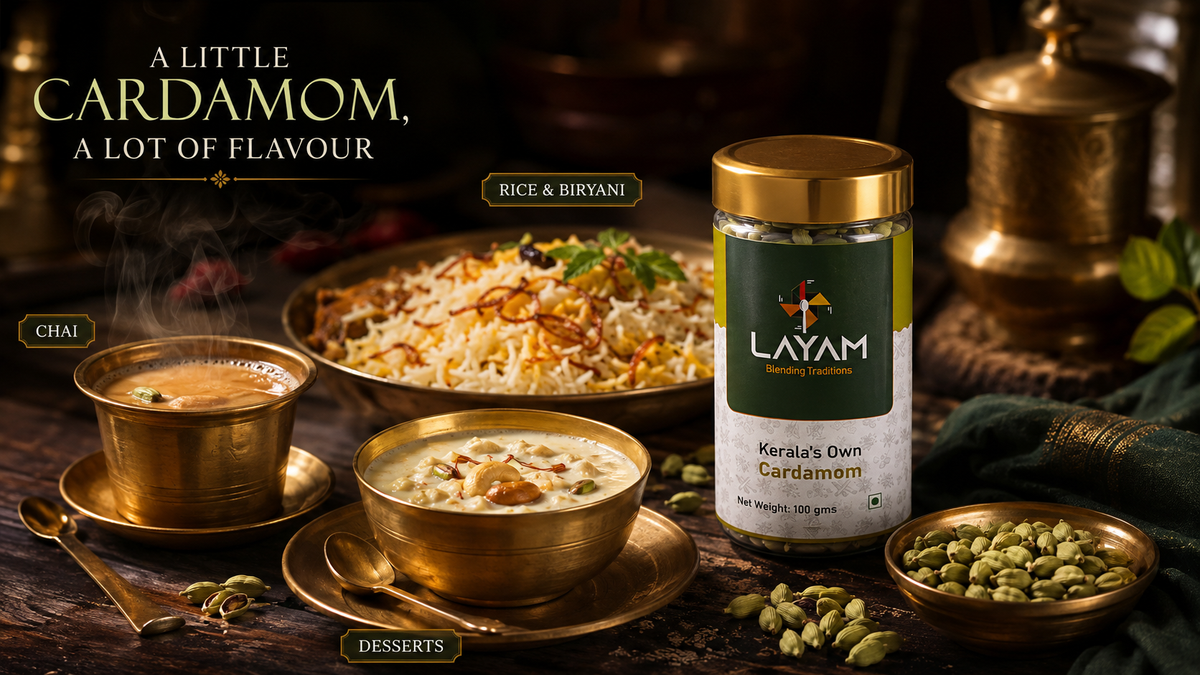 Ways to use LAYAM cardamom: chai, rice and biryani, and desserts such as payasam