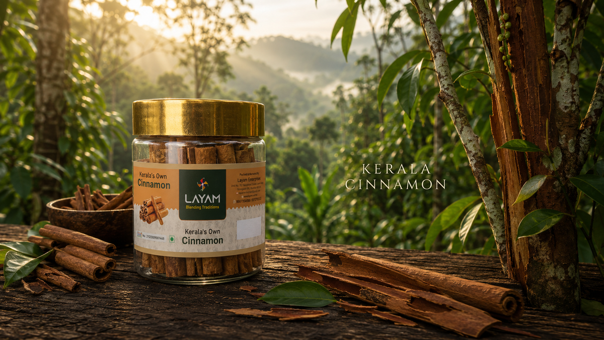 LAYAM cinnamon jar beside a cinnamon tree with freshly peeled bark, overlooking the Kerala hills at sunrise
