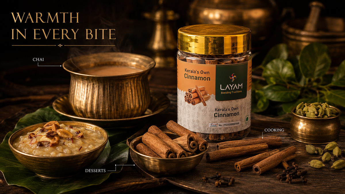 Ways to use LAYAM cinnamon: chai, desserts such as payasam, and everyday cooking