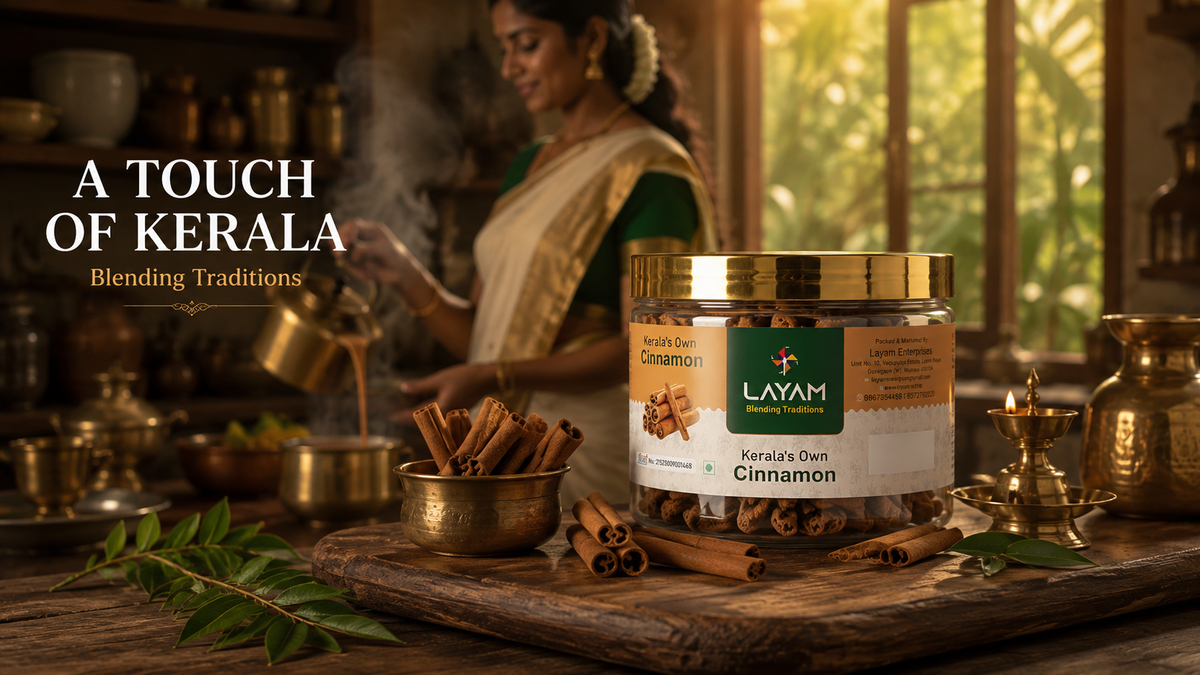 LAYAM cinnamon jar in a traditional Kerala kitchen with brass vessels and a lit lamp