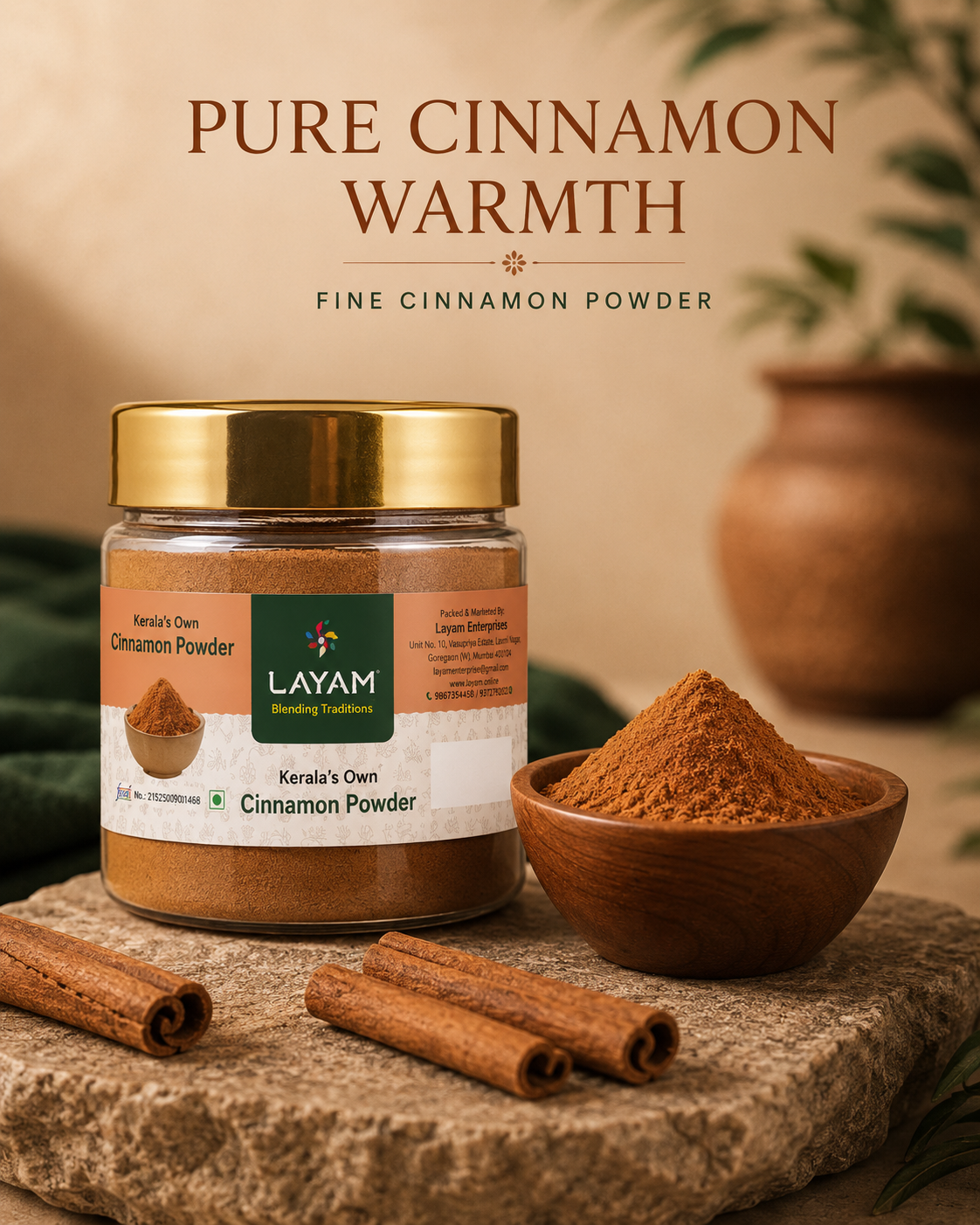 Pure cinnamon warmth — fine LAYAM cinnamon powder jar on stone with a wooden bowl of powder and quills