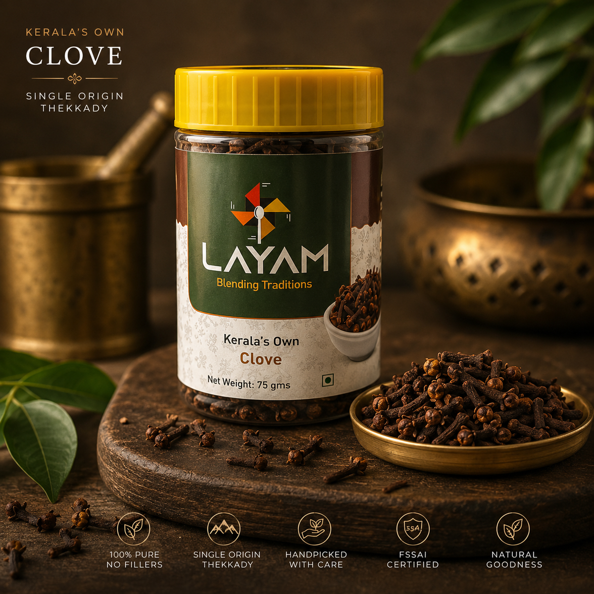 LAYAM Kerala's Own Clove jar, 75 g, single origin Thekkady, with whole cloves in a brass dish