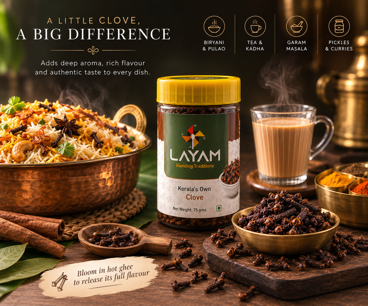 Ways to use LAYAM clove: biryani and pulao, tea and kadha, garam masala, pickles and curries