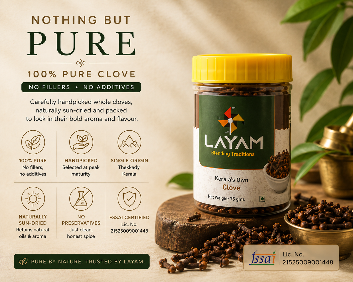 LAYAM clove purity claims: 100% pure, no fillers or additives, naturally sun-dried, FSSAI licence 21525009001448
