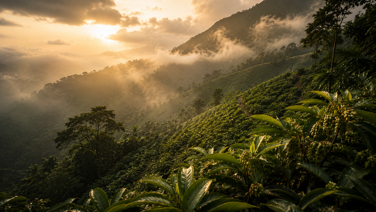 Sunrise over mist-covered Kerala hill slopes planted with cardamom and pepper vines