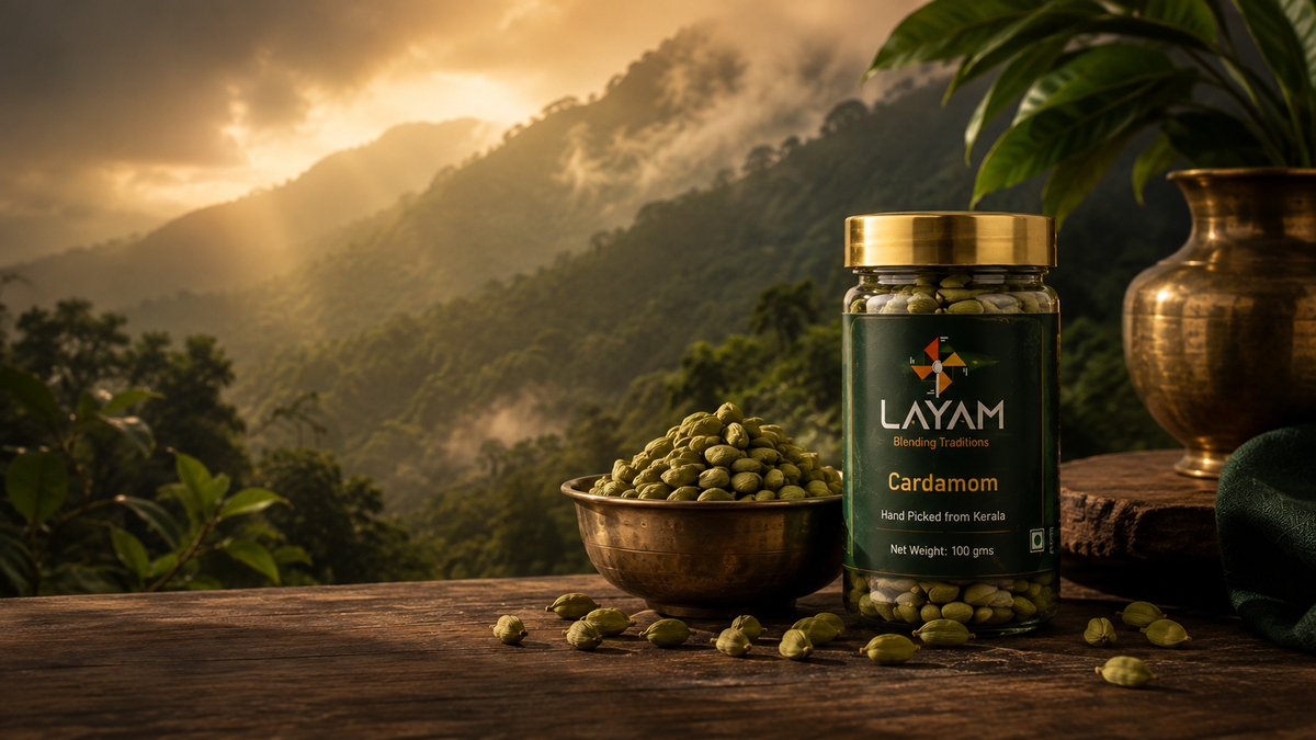 LAYAM Cardamom jar and a brass bowl of pods on a wooden ledge overlooking sunlit Kerala hills