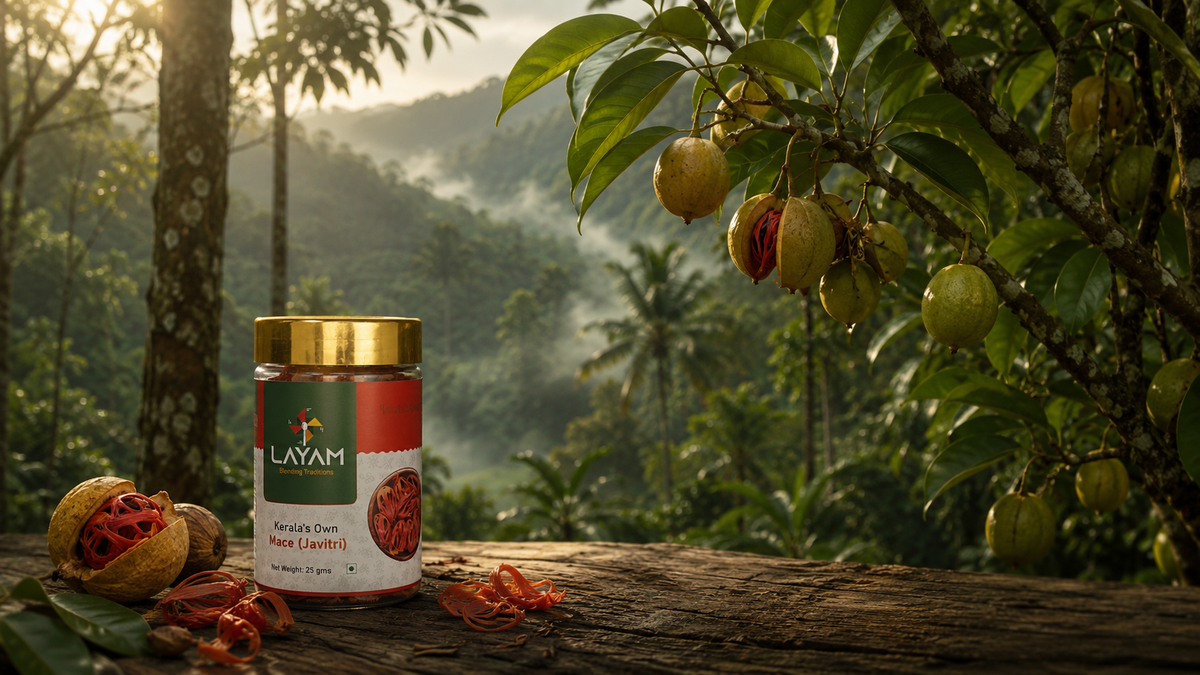 LAYAM mace jar on a wooden ledge beside nutmeg fruit on the branch, overlooking the Kerala hills