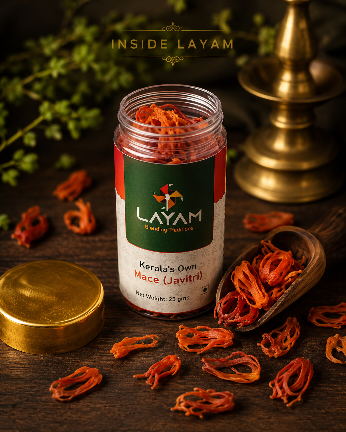 Open LAYAM mace jar showing whole unbroken blades inside, with a wooden scoop