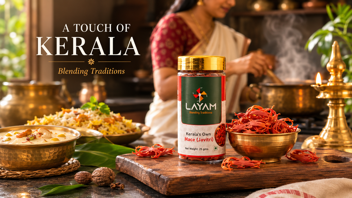 LAYAM mace jar in a traditional Kerala kitchen with biryani, payasam and brass vessels