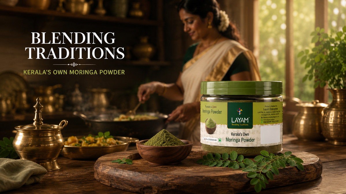 LAYAM moringa powder jar in a traditional Kerala kitchen with brass vessels and a lit lamp