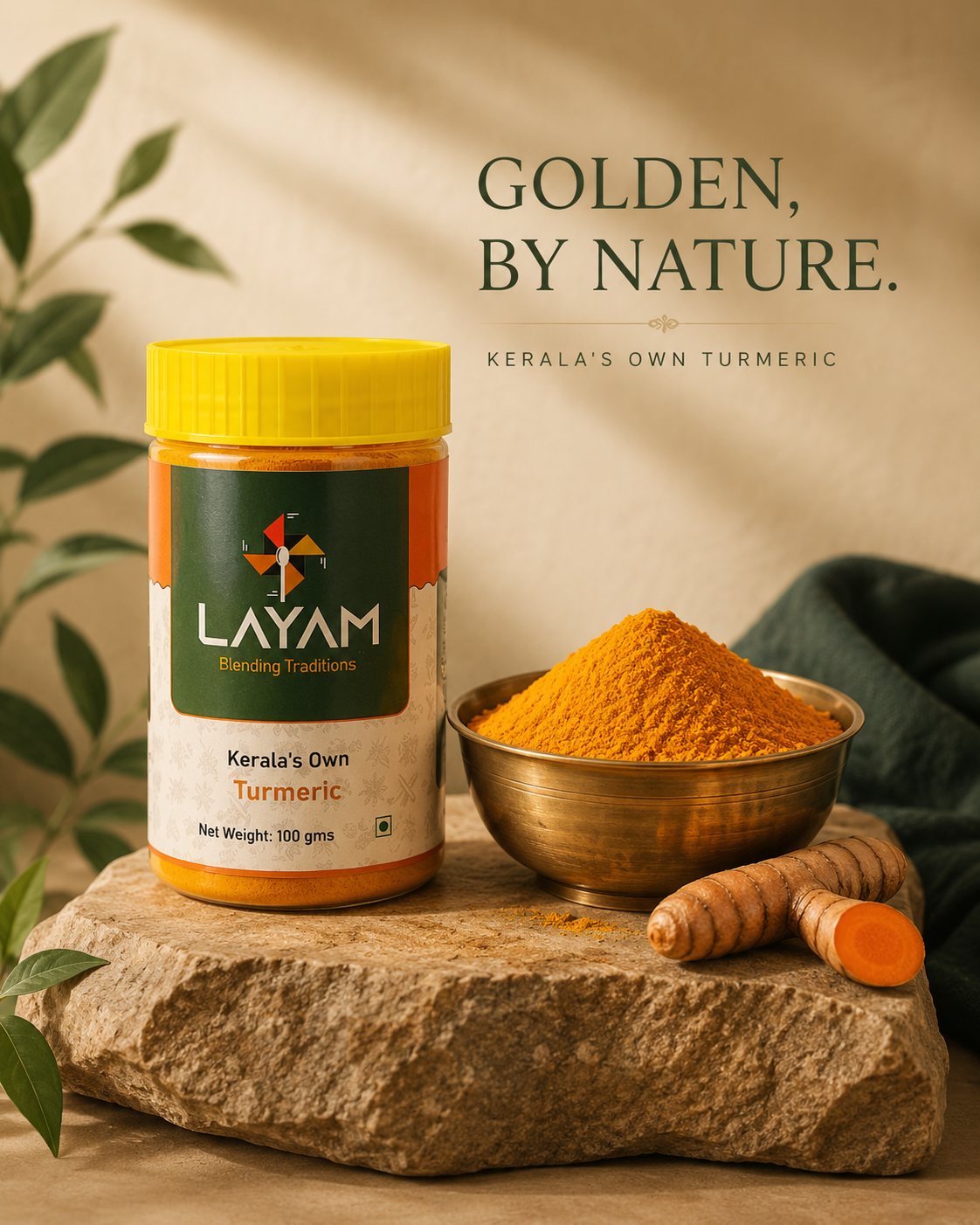 Golden by nature — LAYAM Kerala's Own Turmeric jar on stone with a brass bowl of powder and fresh rhizomes