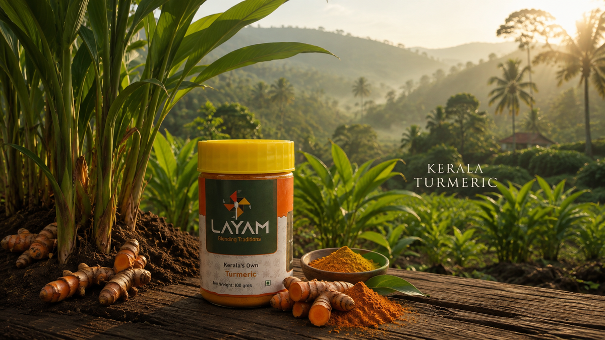 LAYAM turmeric jar beside turmeric plants and freshly dug rhizomes, overlooking the Kerala hills