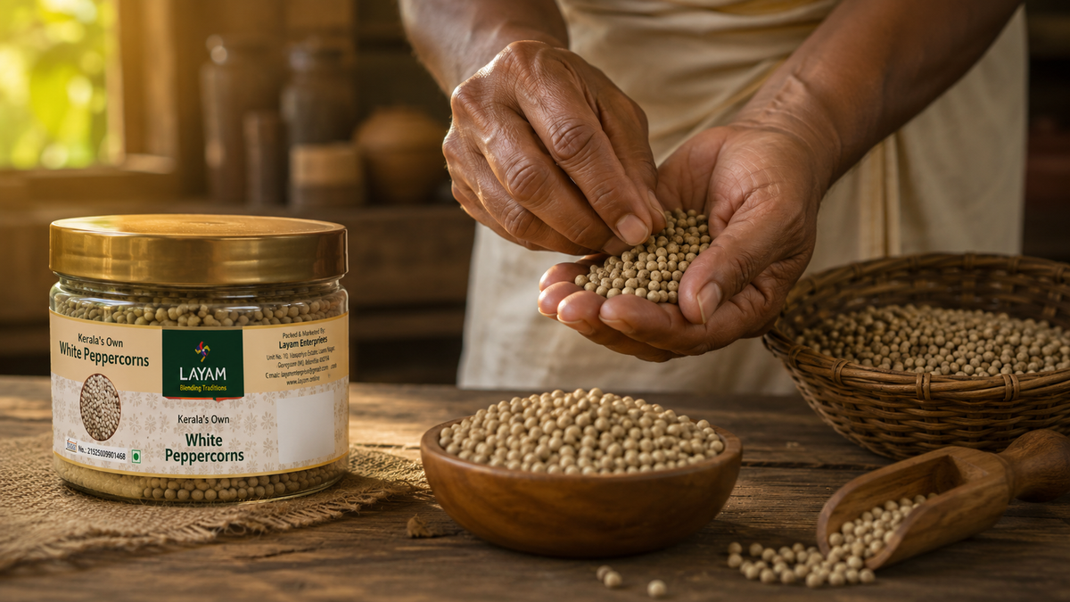 Hands holding freshly sorted white peppercorns