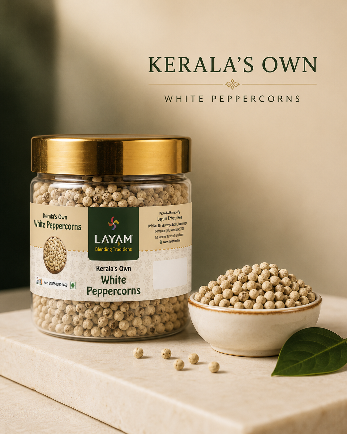 Kerala's Own White Peppercorns - LAYAM minimal product feature
